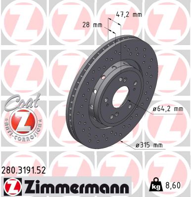 ZIMMERMANN Bremseskive 280319152 foraksel perforeret 315mm 28mm for HONDA