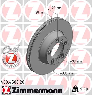 ZIMMERMANN Bremseskive 460450820 Bagaksel venstre ventileret 330mm 28mm for PORSCHE