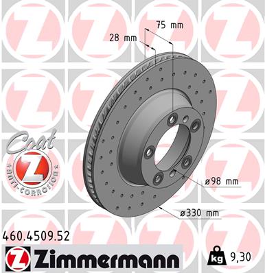 ZIMMERMANN Bremseskive 460450952 Bagaksel højre perforeret 330mm 28mm for PORSCHE