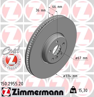 ZIMMERMANN Bremseskive 150295520 højre foraksel ventileret 374mm 36mm for BMW