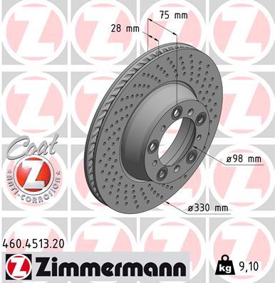 ZIMMERMANN Bremseskive 460451320 Bagaksel højre perforeret 330mm 28mm for PORSCHE