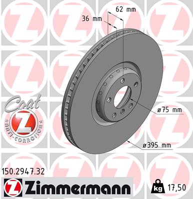 ZIMMERMANN Bremseskive 150294732 venstre foraksel 395mm 36mm for BMW
