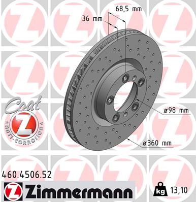 ZIMMERMANN Bremseskive 460450652 venstre foraksel perforeret 360mm 36mm for PORSCHE