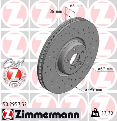 ZIMMERMANN Bremseskive 150295752 venstre foraksel perforeret 395mm 36mm for BMW