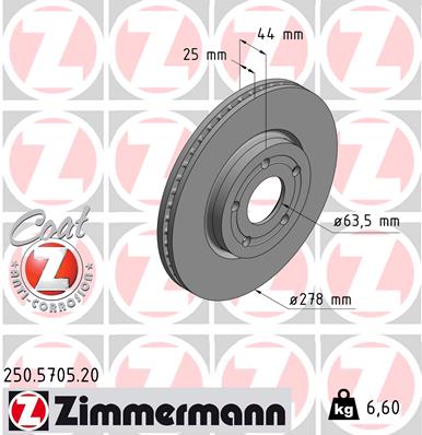 ZIMMERMANN Bremseskive 250570520 foraksel ventileret 278mm 25mm for FORD
