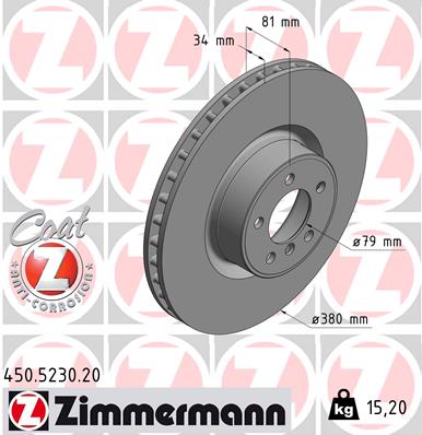 ZIMMERMANN Bremseskive 450523020 foraksel ventileret 380mm 34mm for LAND ROVER