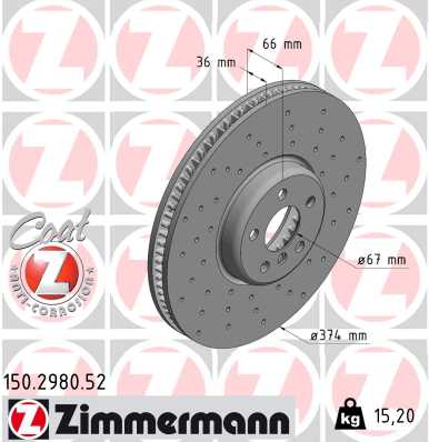 ZIMMERMANN Bremseskive 150298052 venstre foraksel perforeret 374mm 36mm for BMW