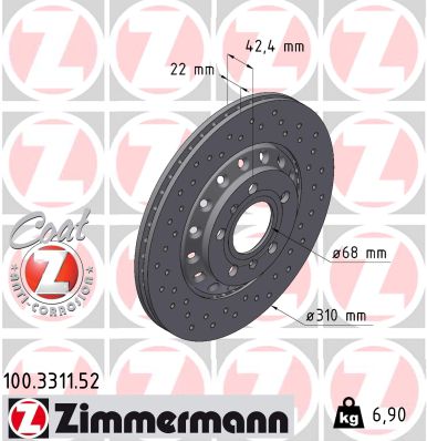 ZIMMERMANN Bremseskive 100331152 bagaksel perforeret 310mm 22mm for VAG