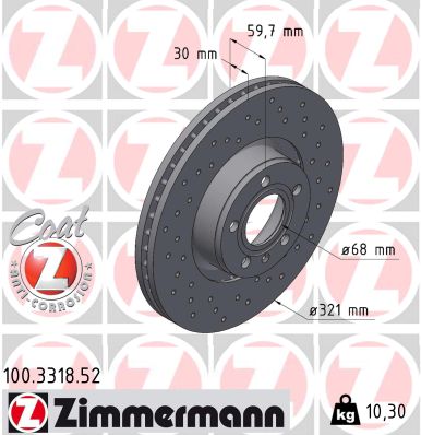 ZIMMERMANN Bremseskive 100331852 foraksel perforeret 321mm 30mm for AUDI (FAW) AUDI