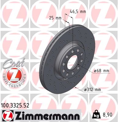 ZIMMERMANN Bremseskive 100332552 foraksel perforeret 312mm 25mm for VW (SVW)