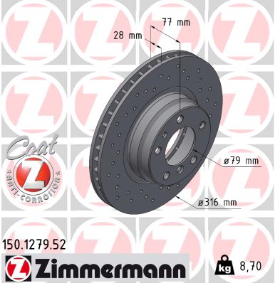 ZIMMERMANN Bremseskive 150127952 foraksel perforeret 316mm 28mm for BMW
