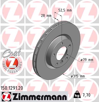 ZIMMERMANN Bremseskive 150129120 højre foraksel ventileret 315mm 28mm for BMW