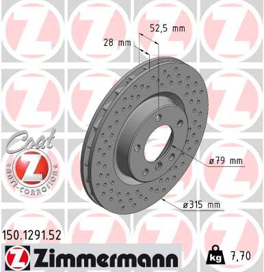 ZIMMERMANN Bremseskive 150129152 højre foraksel perforeret 315mm 28mm for BMW