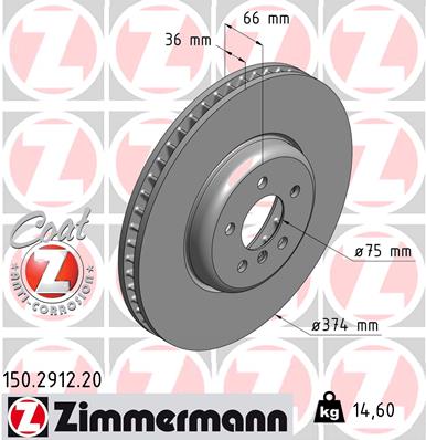 ZIMMERMANN Bremseskive 150291220 venstre foraksel ventileret 374mm 36mm for BMW