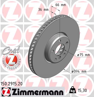 ZIMMERMANN Bremseskive 150291520 højre foraksel ventileret 374mm 36mm for BMW