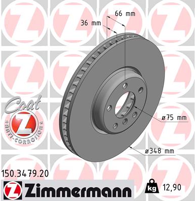 ZIMMERMANN Bremseskive 150347920 højre foraksel ventileret 348mm 36mm for BMW