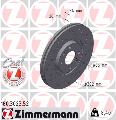 ZIMMERMANN Bremseskive 180302352 foraksel perforeret 302mm 26mm for CITROËN/PEUGEOT