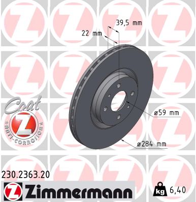 ZIMMERMANN Bremseskive 230236320 foraksel ventileret 284mm 22mm for FIAT