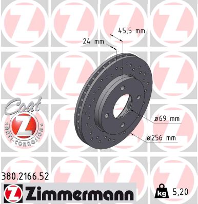 ZIMMERMANN Bremseskive 380216652 foraksel perforeret 256mm 24mm for MITSUBISHI SMART
