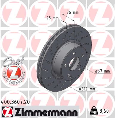 ZIMMERMANN Bremseskive 400360720 foraksel perforeret 312mm 28mm for MERCEDES-BENZ