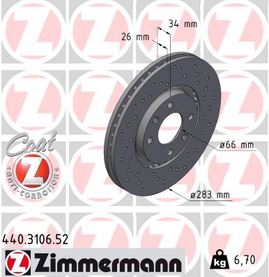 ZIMMERMANN Bremseskive 440310652 foraksel perforeret 283mm 26mm for PEUGEOT (DF-PSA) CITROËN (DF-PSA) OPEL CITROËN/PEUGEOT