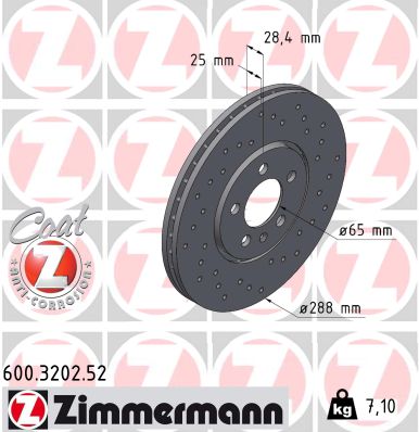 ZIMMERMANN Bremseskive 600320252 foraksel perforeret 288mm 25mm for VAG