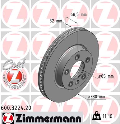 ZIMMERMANN Bremseskive 600322420 venstre foraksel ventileret 330mm 32mm for PORSCHE VAG