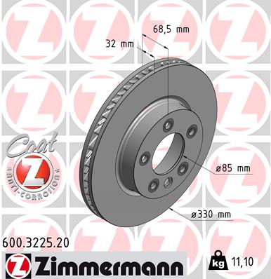 ZIMMERMANN Bremseskive 600322520 højre foraksel ventileret 330mm 32mm for PORSCHE VAG