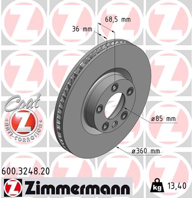 ZIMMERMANN Bremseskive 600324820 højre foraksel ventileret 360mm 36mm for PORSCHE VAG