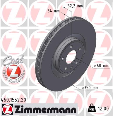 ZIMMERMANN Bremseskive 460155220 venstre foraksel indvendig ventileret 350mm 34mm for PORSCHE