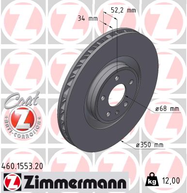 ZIMMERMANN Bremseskive 460155320 højre foraksel indvendig ventileret 350mm 34mm for PORSCHE