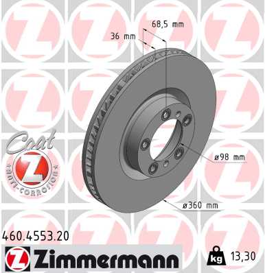 ZIMMERMANN Bremseskive 460455320 venstre foraksel ventileret 360mm 36mm for PORSCHE