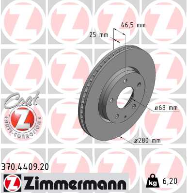 ZIMMERMANN Bremseskive 370440920 foraksel indvendig ventileret 280mm 25mm for MAZDA