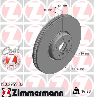 ZIMMERMANN Bremseskive 150295532 højre foraksel 374mm 36mm for BMW