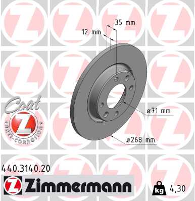 ZIMMERMANN Bremseskive 440314020 bagaksel fuld 268mm 12mm for CITROËN/PEUGEOT