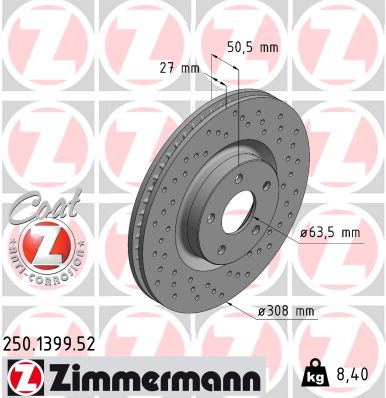 ZIMMERMANN Bremseskive 250139952 foraksel perforeret 308mm 27mm for FORD