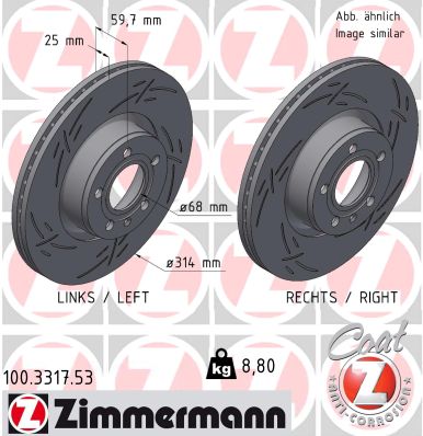 ZIMMERMANN Bremseskive 100331753 foraksel lukket 314mm 25mm for AUDI (FAW)