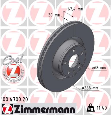 ZIMMERMANN Bremseskive 100.4700.20 foraksel ventileret 338mm 30mm for AUDI