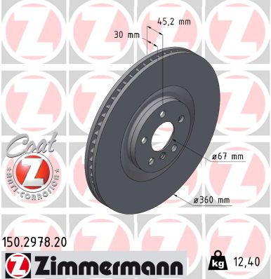 ZIMMERMANN Bremseskive 150297820 højre foraksel ventileret 360mm 30mm for BMW