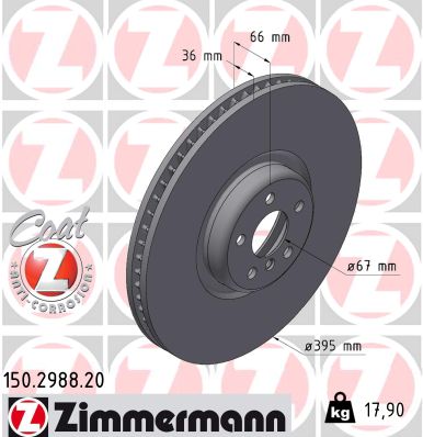 ZIMMERMANN Bremseskive 150298820 foraksel ventileret 395mm 36mm for BMW