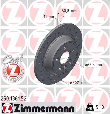 ZIMMERMANN Bremseskive 250136152 bagaksel perforeret 302mm 11mm for FORD LAND ROVER (CHERY)