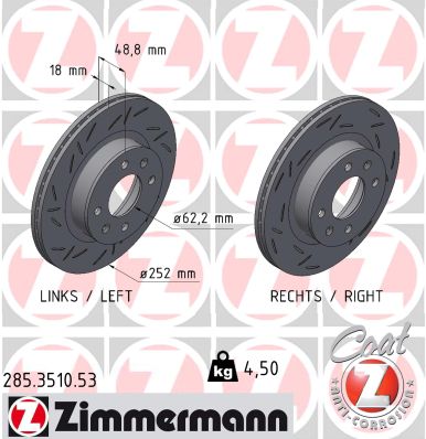 ZIMMERMANN Bremseskive 285351053 foraksel lukket 252mm 18mm for HYUNDAI KIA