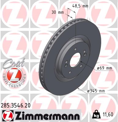 ZIMMERMANN Bremseskive 285354620 foraksel ventileret 345mm 30mm for HYUNDAI