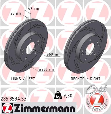 ZIMMERMANN Bremseskive 285353453 foraksel lukket 288mm 25mm for HYUNDAI