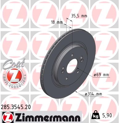 ZIMMERMANN Bremseskive 285354520 bagaksel ventileret 314mm 18mm for HYUNDAI