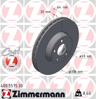 ZIMMERMANN Bremseskive 400557530 foraksel 318mm 30mm for MERCEDES-BENZ