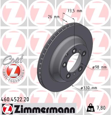 ZIMMERMANN Bremseskive 460452220 bagaksel ventileret 330mm 26mm for PORSCHE