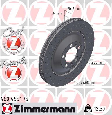 ZIMMERMANN Bremseskive 460455175 venstre foraksel 408mm 34mm for PORSCHE