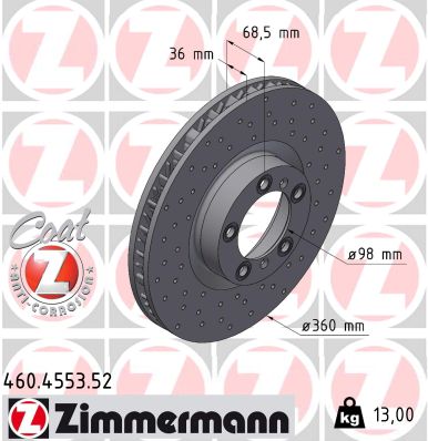 ZIMMERMANN Bremseskive 460455352 venstre foraksel perforeret 360mm 36mm for PORSCHE