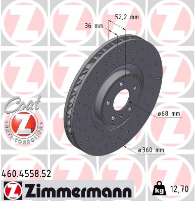 ZIMMERMANN Bremseskive 460.4558.52 højre foraksel perforeret 360mm 36mm for PORSCHE